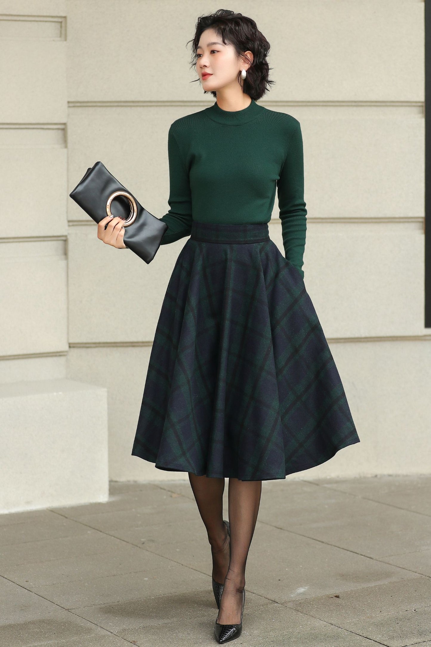 Knee length plaid winter wool skirt 6511