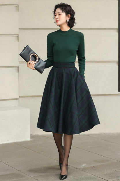 Plaid Wool A-Line Skirt – Knee Length Autumn Winter Skirt 6511
