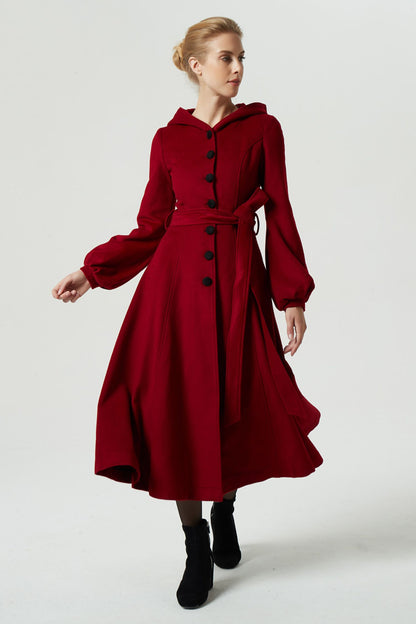 Burgundy Wool Coat Maxi Dress - Hooded, Lantern Sleeve, Tie Waist 1977