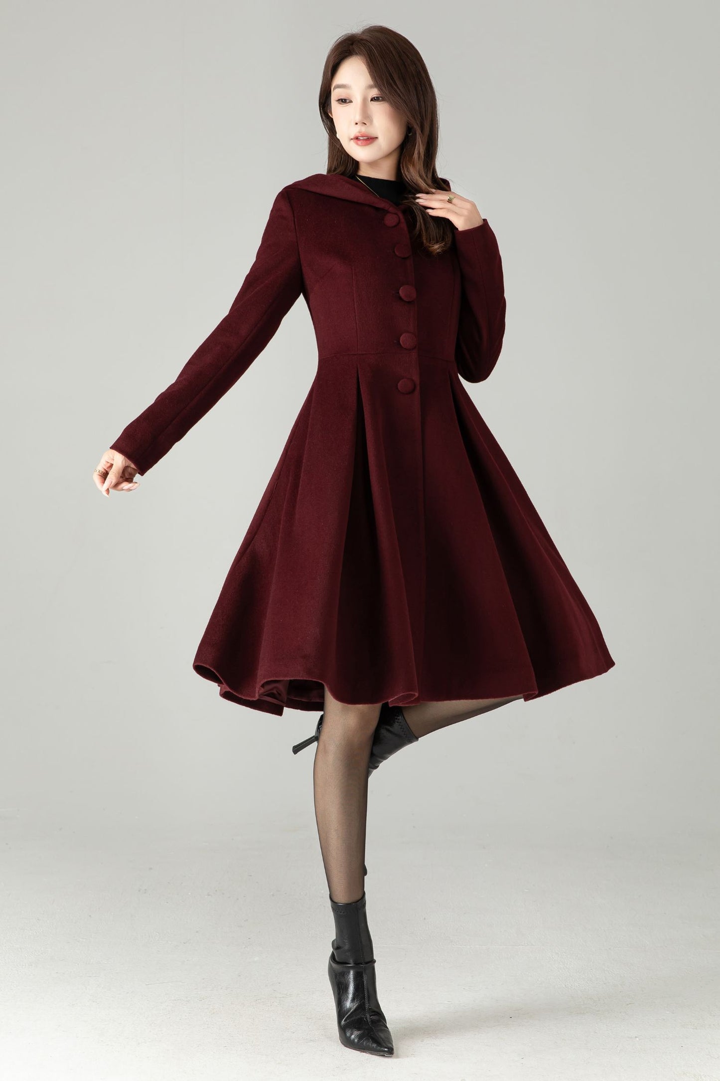Hooded Burgundy Wool Coat – Vintage Fit & Flare Short Winter Coat | Xiaolizi 6572