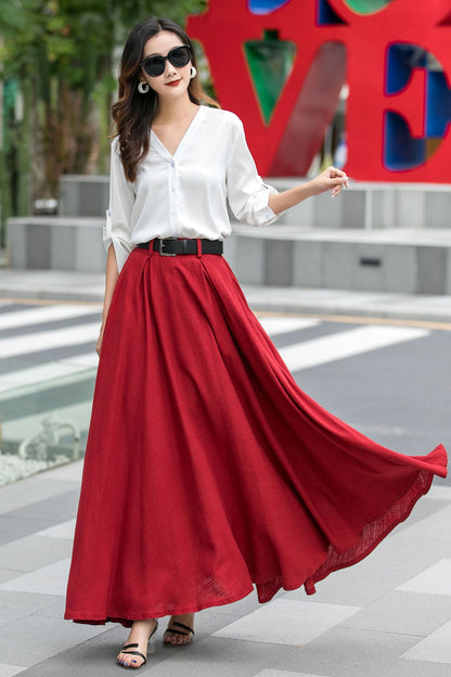 High Waisted A Line Swing Red Maxi Skirt 3537