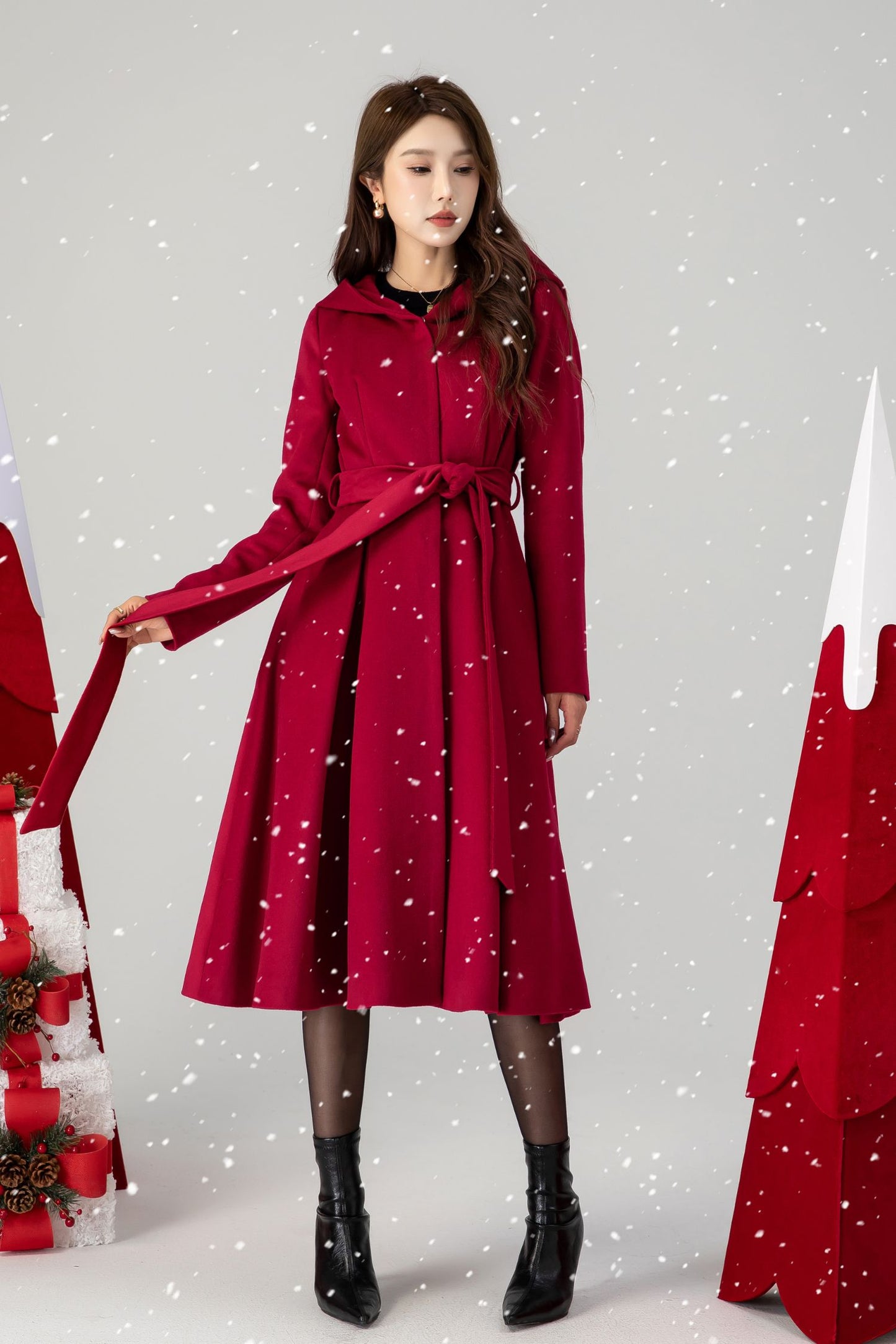 Red hooded long wool coat women 4615