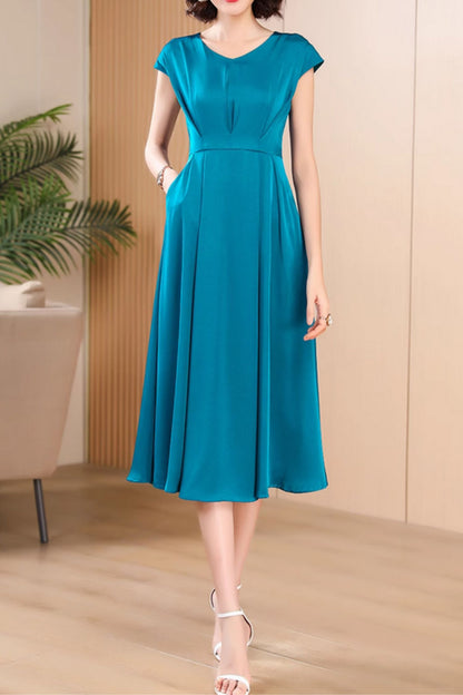 Teal Polyester Midi Fit and Flare Dress - V-Neck, Cape Sleeves 5054