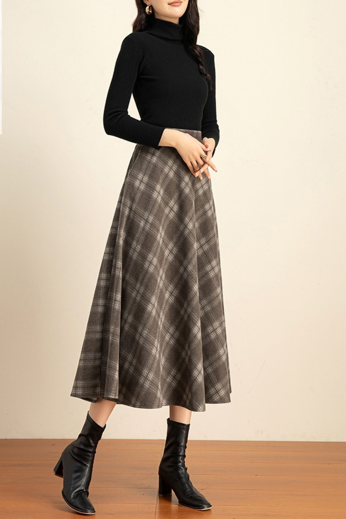 Plaid midi winter wool skirt women 6211
