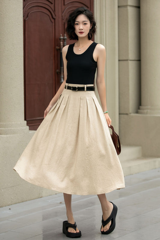 Pleated midi beige linen skirt with pockets 5237