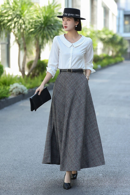 Gray Plaid Wool Maxi Skirt – Vintage High Waist Winter Skirt with Pockets 3106