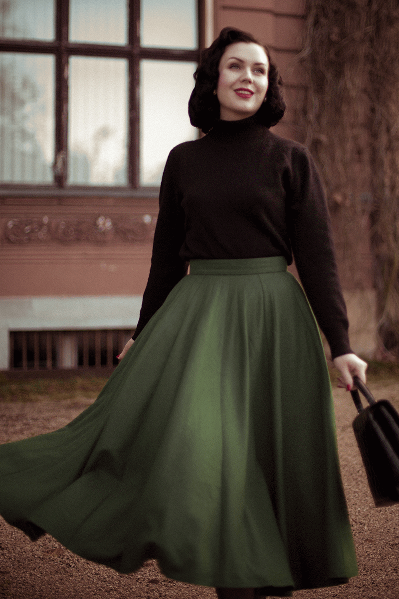 Green Midi Wool Skirt Women 4738