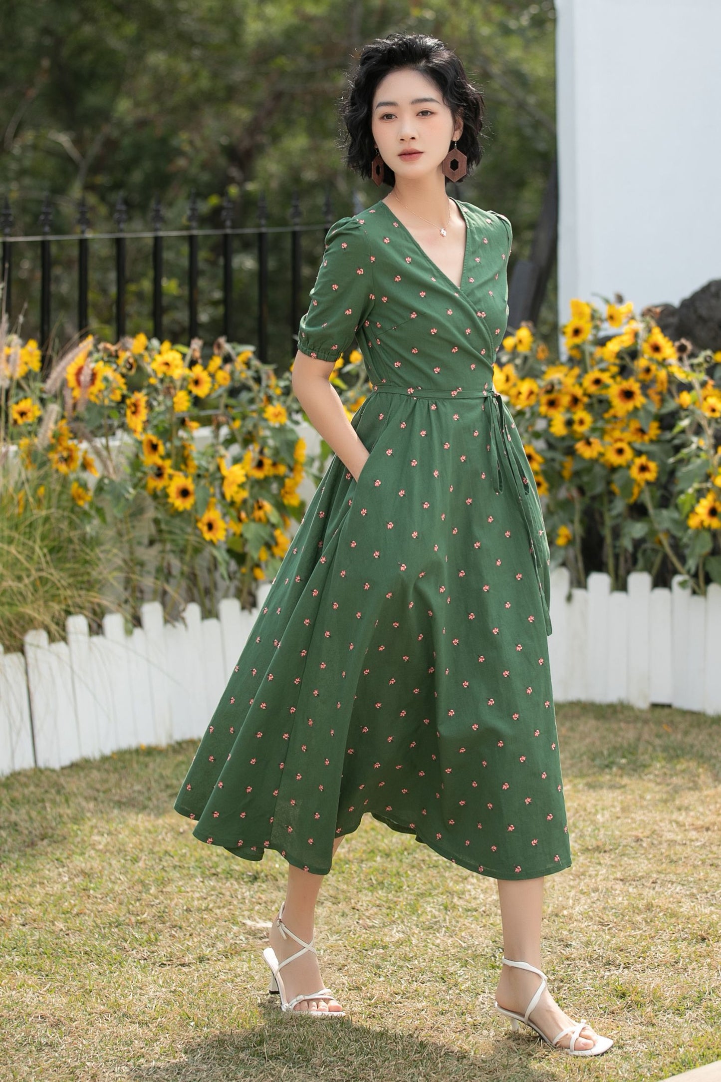 Xiaolizi Green Linen Midi Dress – Vintage Wrap Puff Sleeve Summer Dress 6689 -Size XS #CK2600175