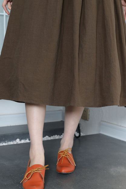 Brown Linen Midi Dress - A-Line Silhouette with Long Sleeves 5515