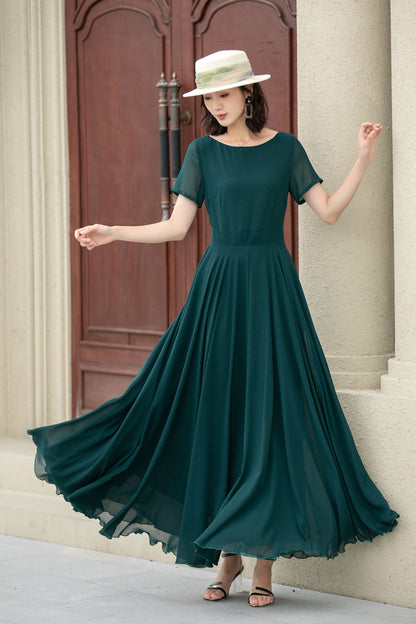 Fit and flare green summer chiffon dresses 5144