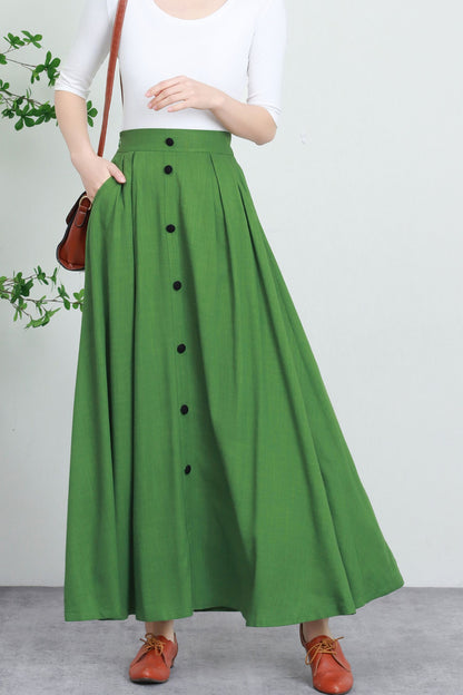 Green Cotton Linen Maxi Skirt - Button Down Pleated Design 5732