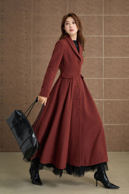 Red Brown Wool Fit and Flare Coat – Vintage Long Winter Wool Overcoat 5369