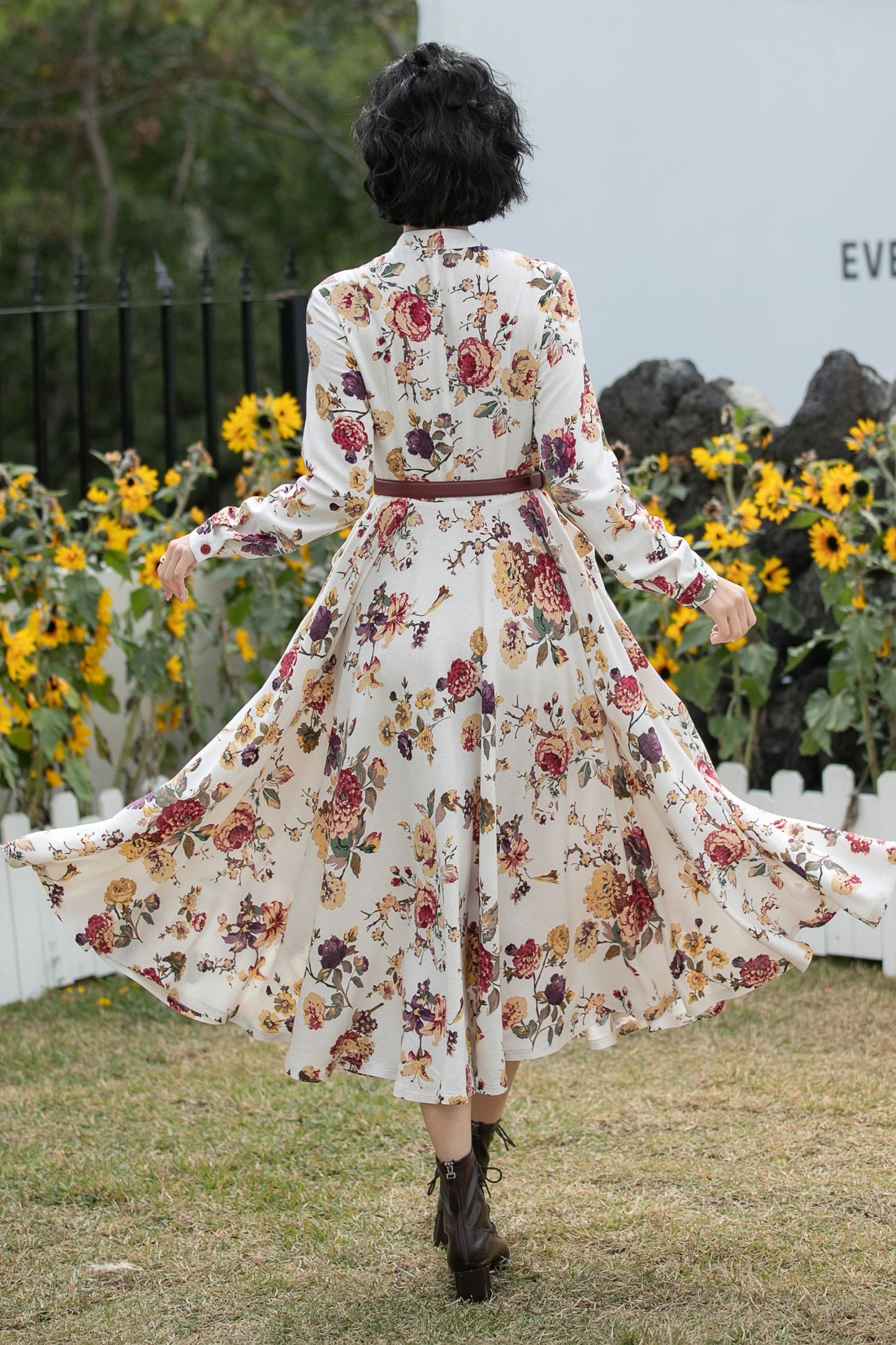 Xiaolizi Floral Linen Midi Dress – Vintage Mandarin Collar Shirt Dress 6691
