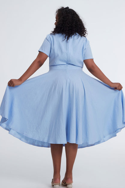 Blue Linen Midi Swing Dress - Boat Neck Pockets | Xiaolizi 3401