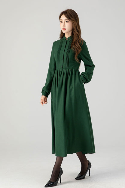 Green long sleeves winter wool dress women 4609