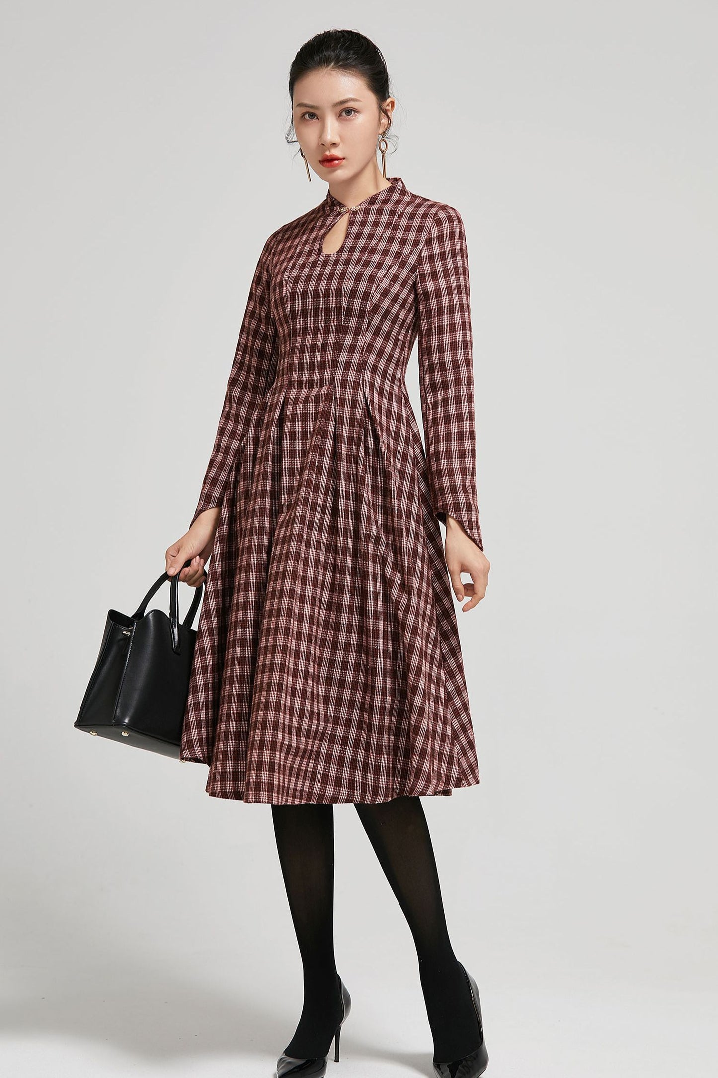 Mandarin collar plaid winter wool dress women 2295