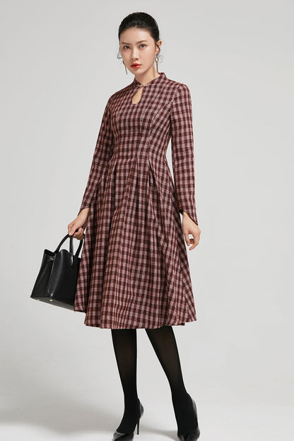 Handmade Mandarin collar plaid winter wool dress women 2295