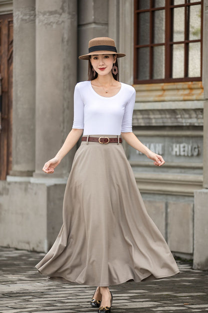 Khaki Cotton Linen Maxi Skirt – Vintage High Waist Long Skirt with Pockets 2783