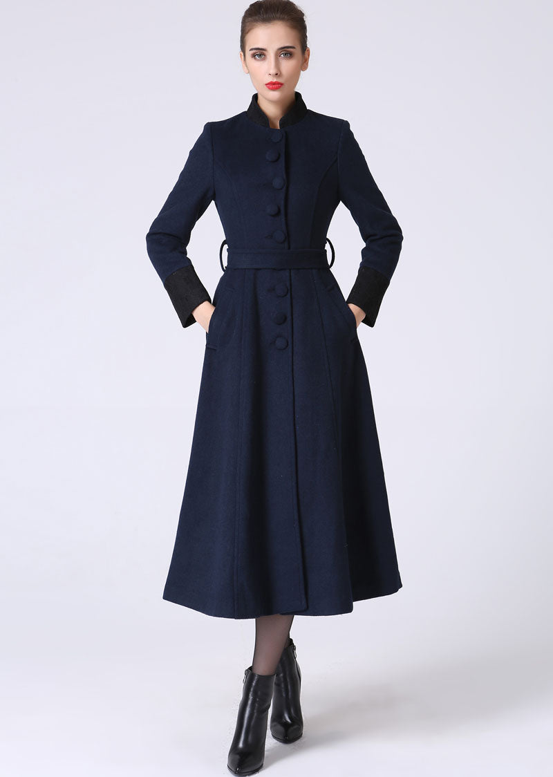 Handmade Wool Coat – Vintage Mandarin Collar Winter Maxi Overcoat 1061