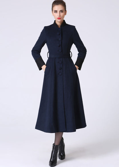 Handmade Wool Coat – Vintage Mandarin Collar Winter Maxi Overcoat 1061