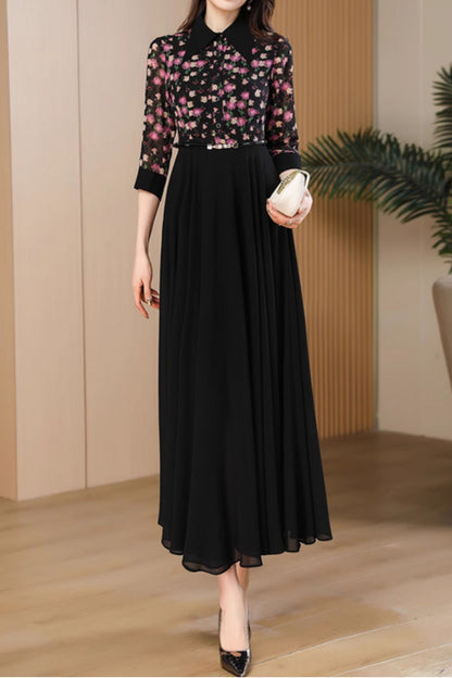 Black Polyester Maxi Dress - Floral Print, Fitted Waist 5061