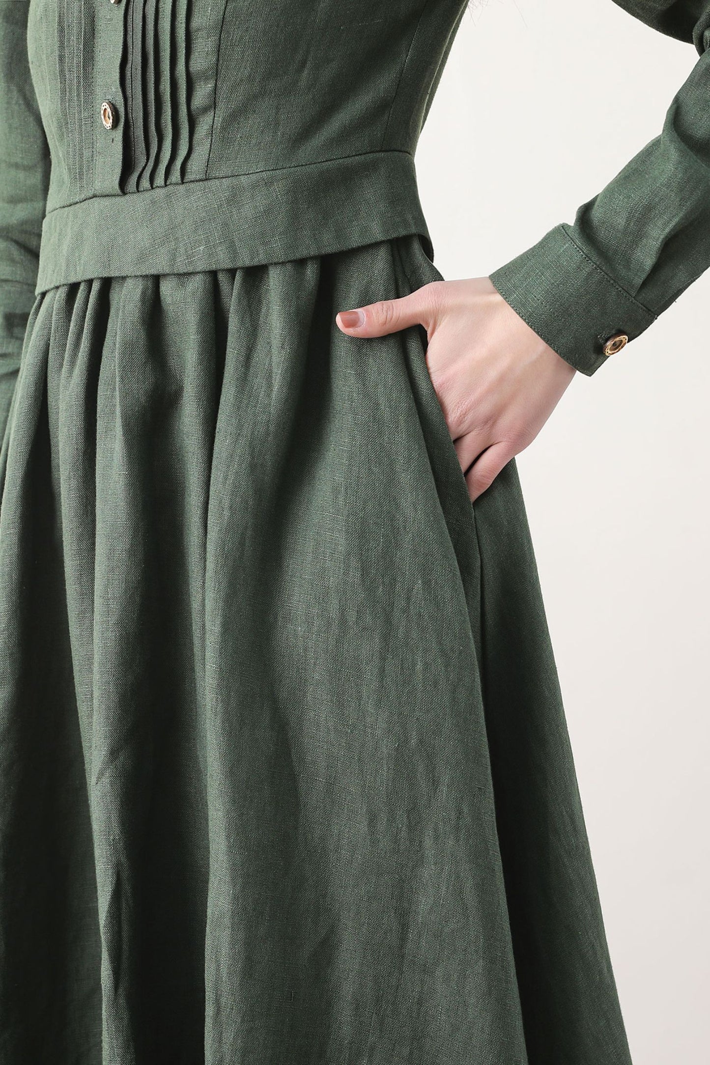 Midi green linen swing spring dresses 2576