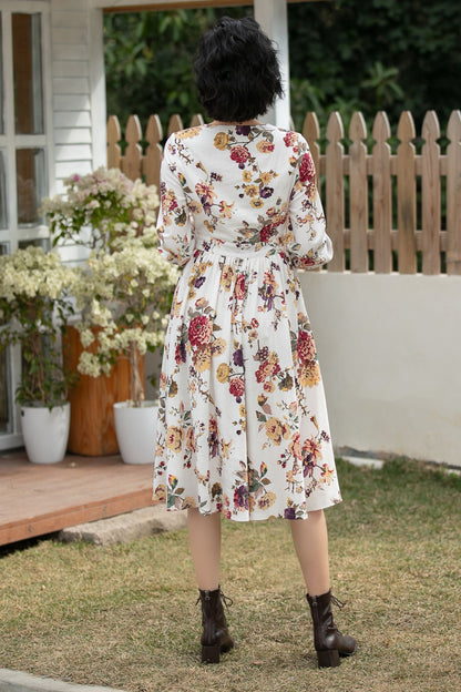 Xiaolizi Floral Linen Midi Dress – Vintage V Neck Swing 6692