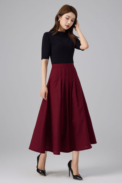 Burgundy Linen Midi Skirt - High Waist Pleated A-Line | Xiaolizi 6759