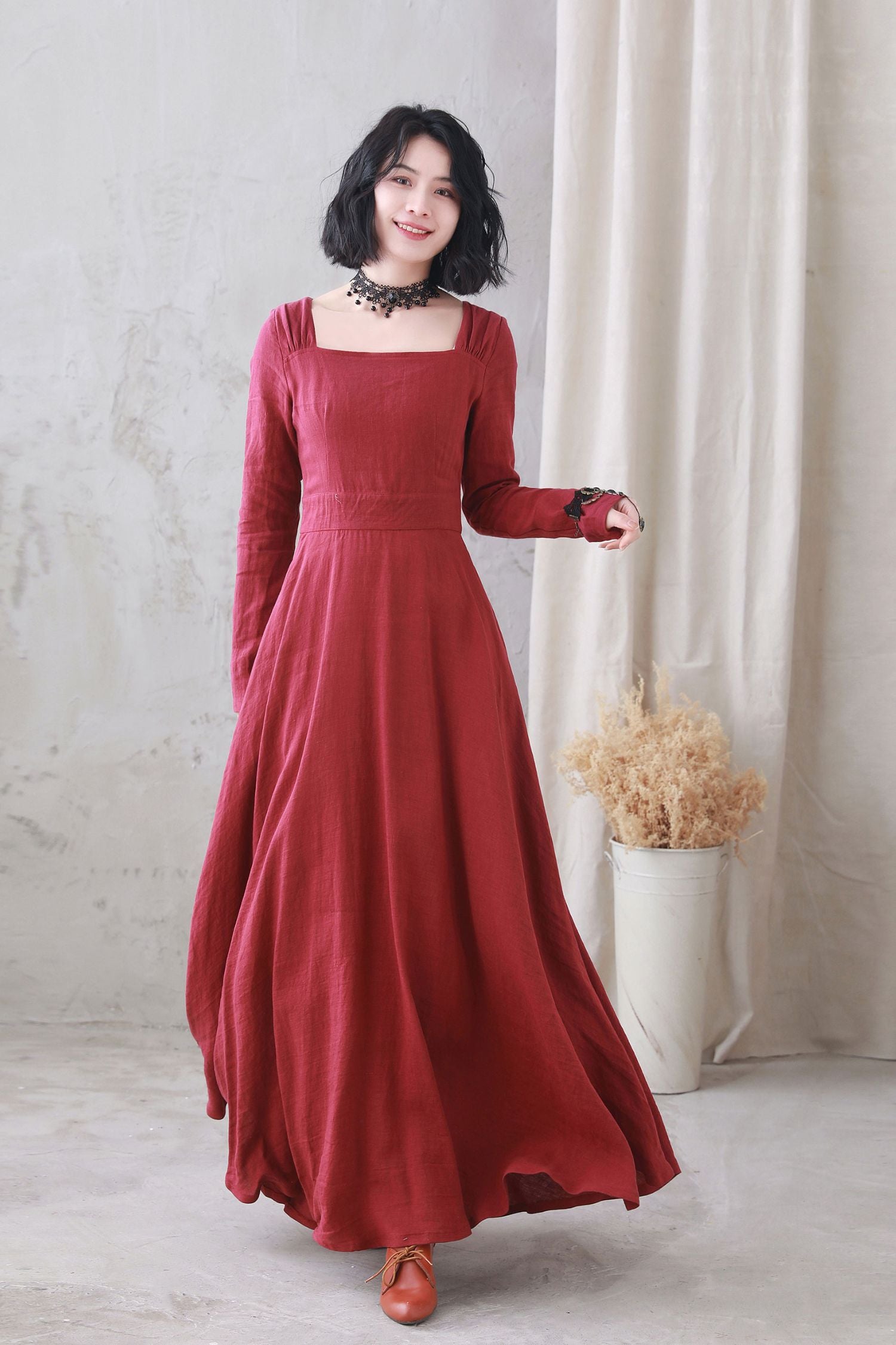 Vintage Red Linen Cotton Maxi Dress – Square Neck Long Sleeve Burgundy / M