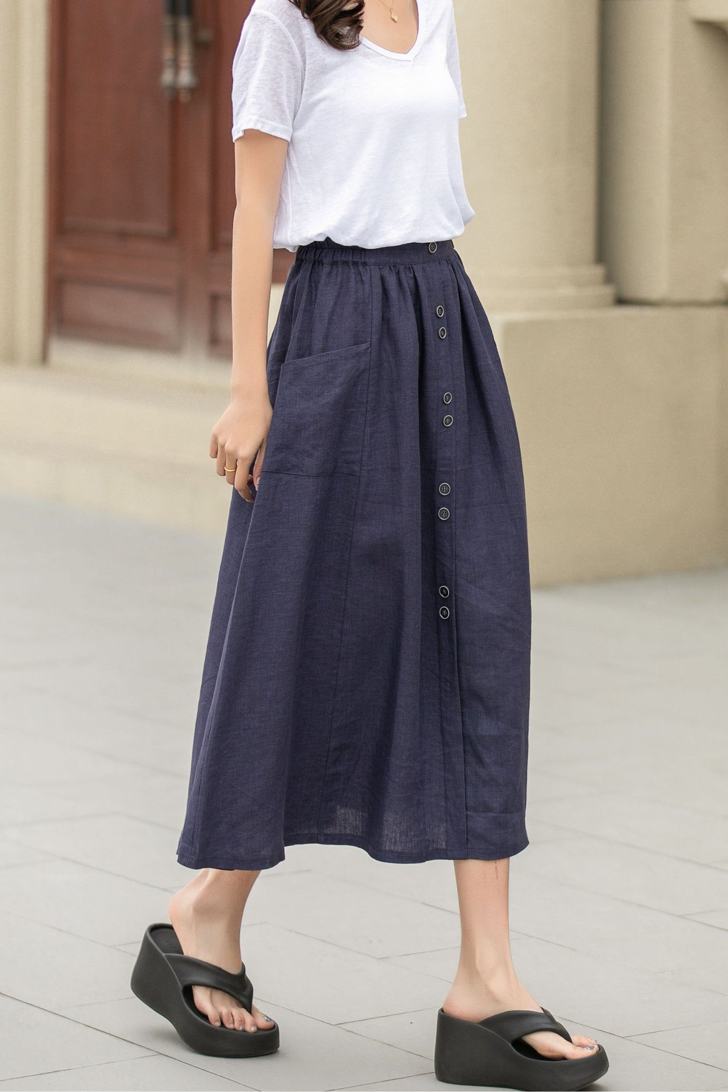 Button up midi summer linen skirt 4944