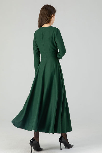 Green Wool Maxi Dress – Women’s Long Sleeve Fit and Flare Winter Dress 4551