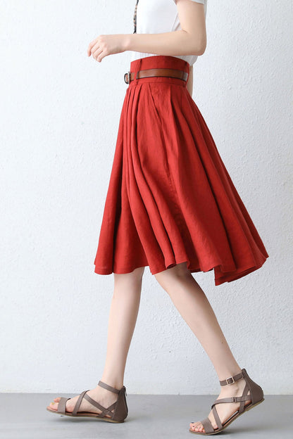 Red Linen A-Line Pleated Skirt - High Waist, Knee Length 2889