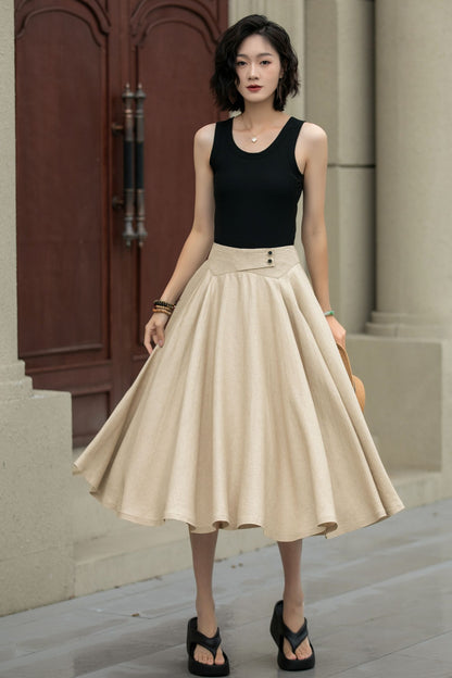 Handmade Linen Swing Skirt – High Waist Pleated Midi Skirt for Spring Summer 5238