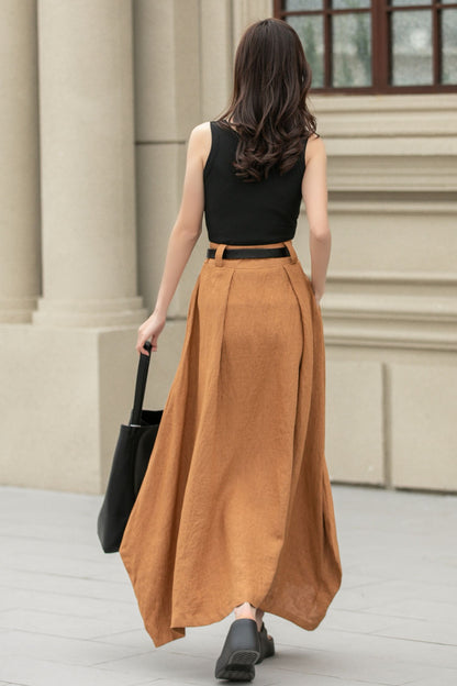 Camel Linen Skirt – Handmade High Waist Long Summer Skirt | Xiaolizi 4941