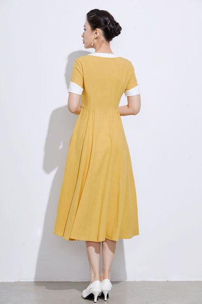 Handmade Yellow Linen Cotton Shirt Dress – Vintage Fit & Flare with Pockets 2317