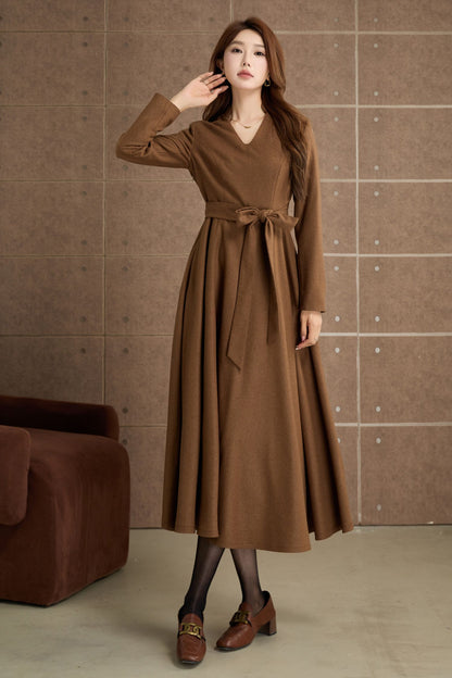 Brown Wool Fit and Flare Midi Dress - Belted Vintage Style 5360