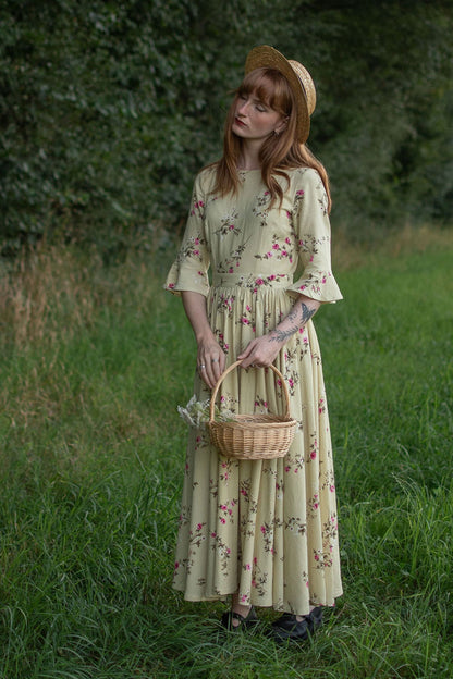 Beige Linen Maxi Dress - Vintage Floral Fit and Flared 3053