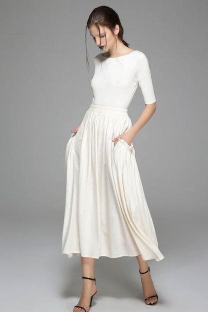 White Linen Cotton Maxi Skirt - Elastic Waist Big Pockets | Xiaolizi 1391