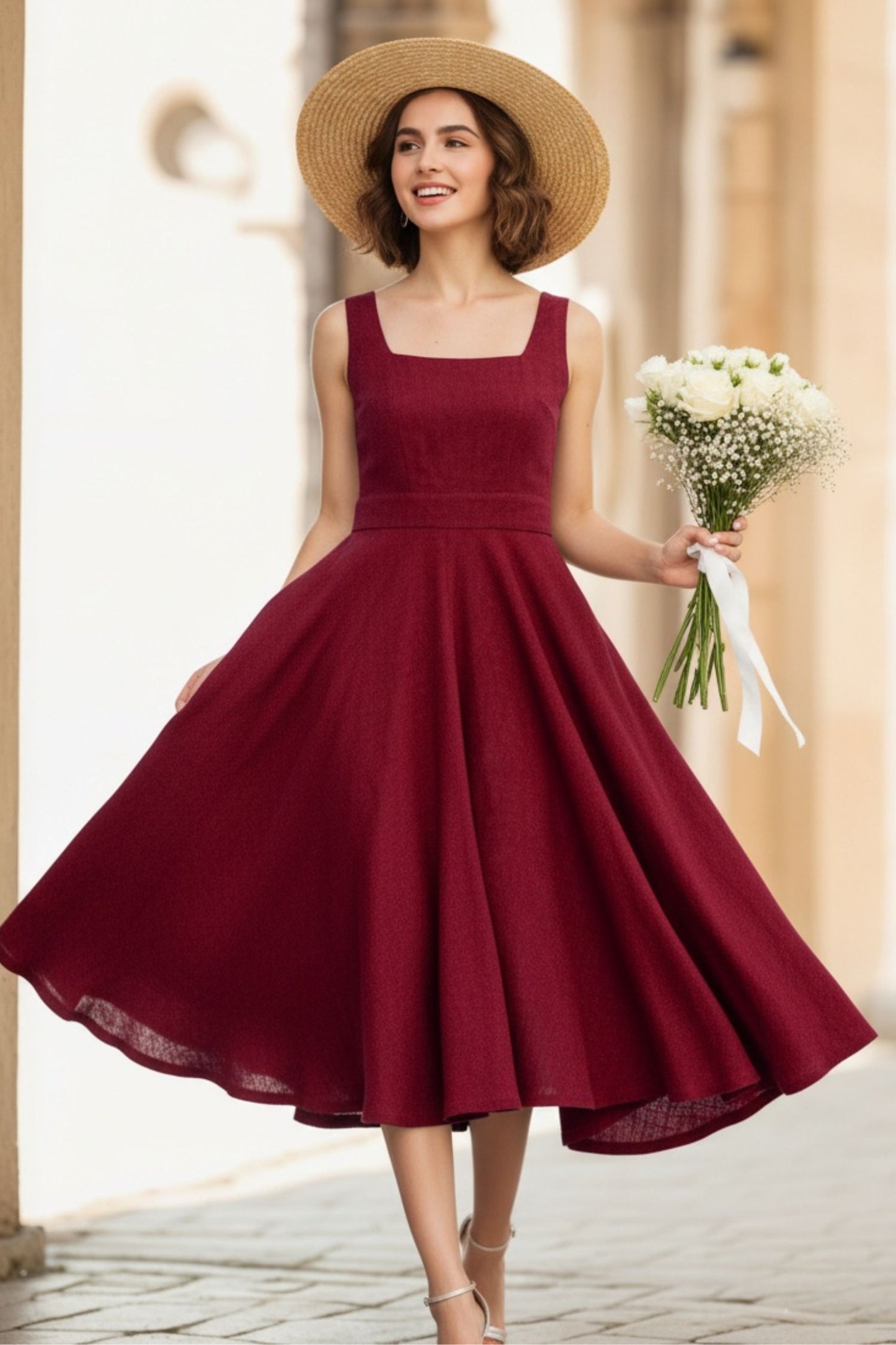 Handmade Linen Midi Dress – Vintage Fit and Flare Sleeveless Dress in Deep Red 6655
