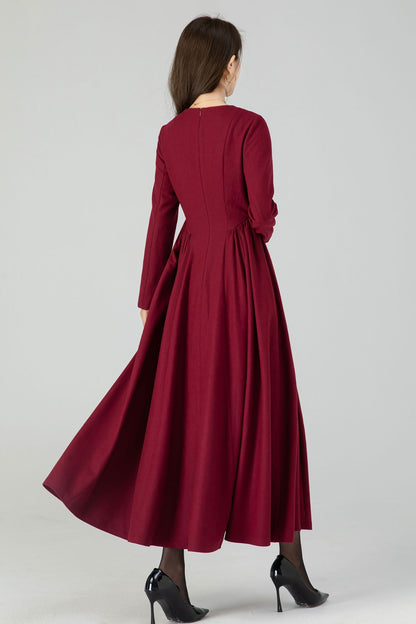 Burgundy Wool Maxi Dress - Fit and Flare Silhouette with Pleated Waist 4545