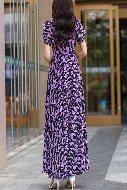 Black and Purple Floral Chiffon Maxi Dress - Flowy Fitted Waist 5002