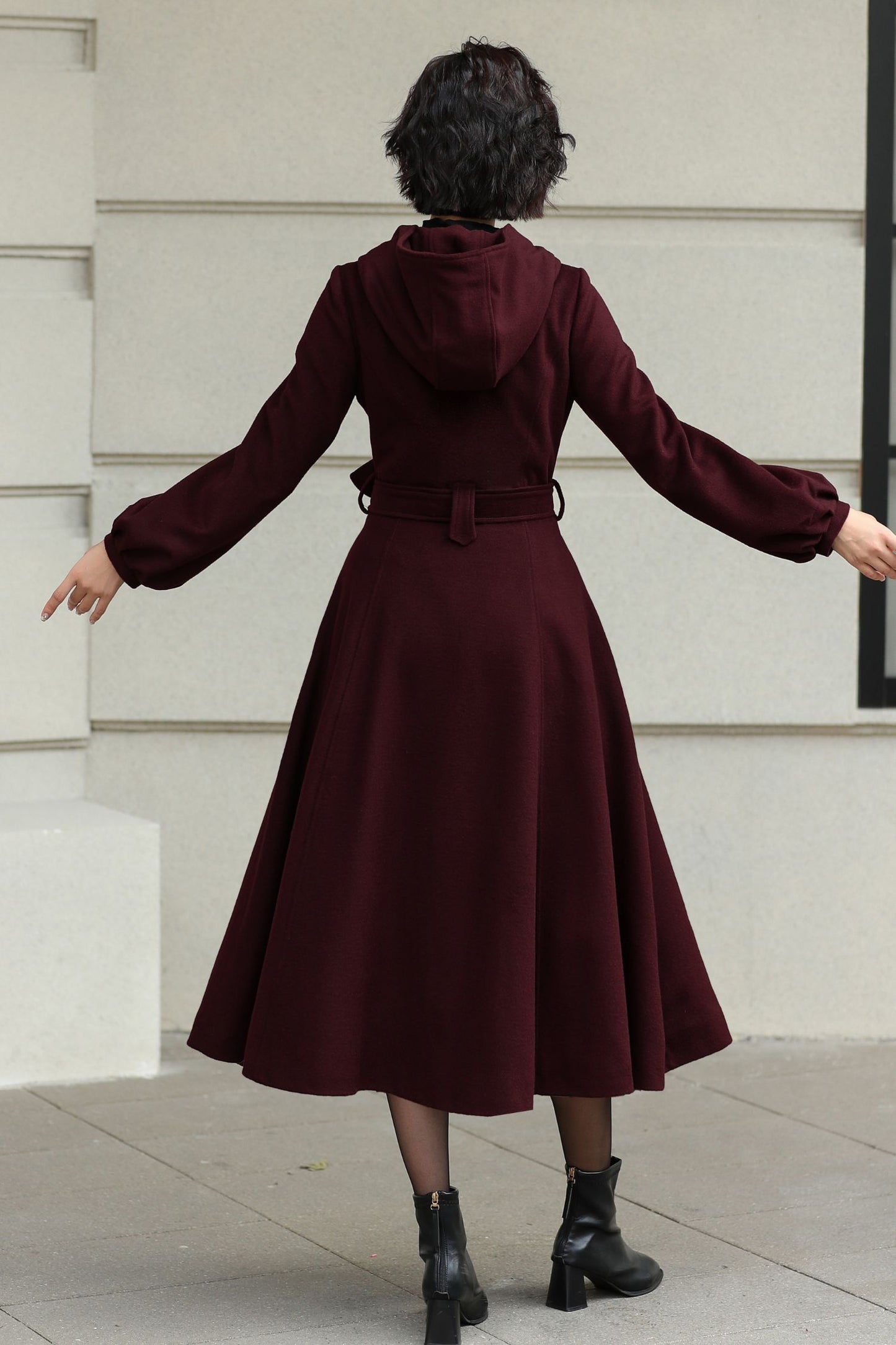 Handmade Wool Blend Coat – Lantern Sleeve Hooded Winter Coat 6532