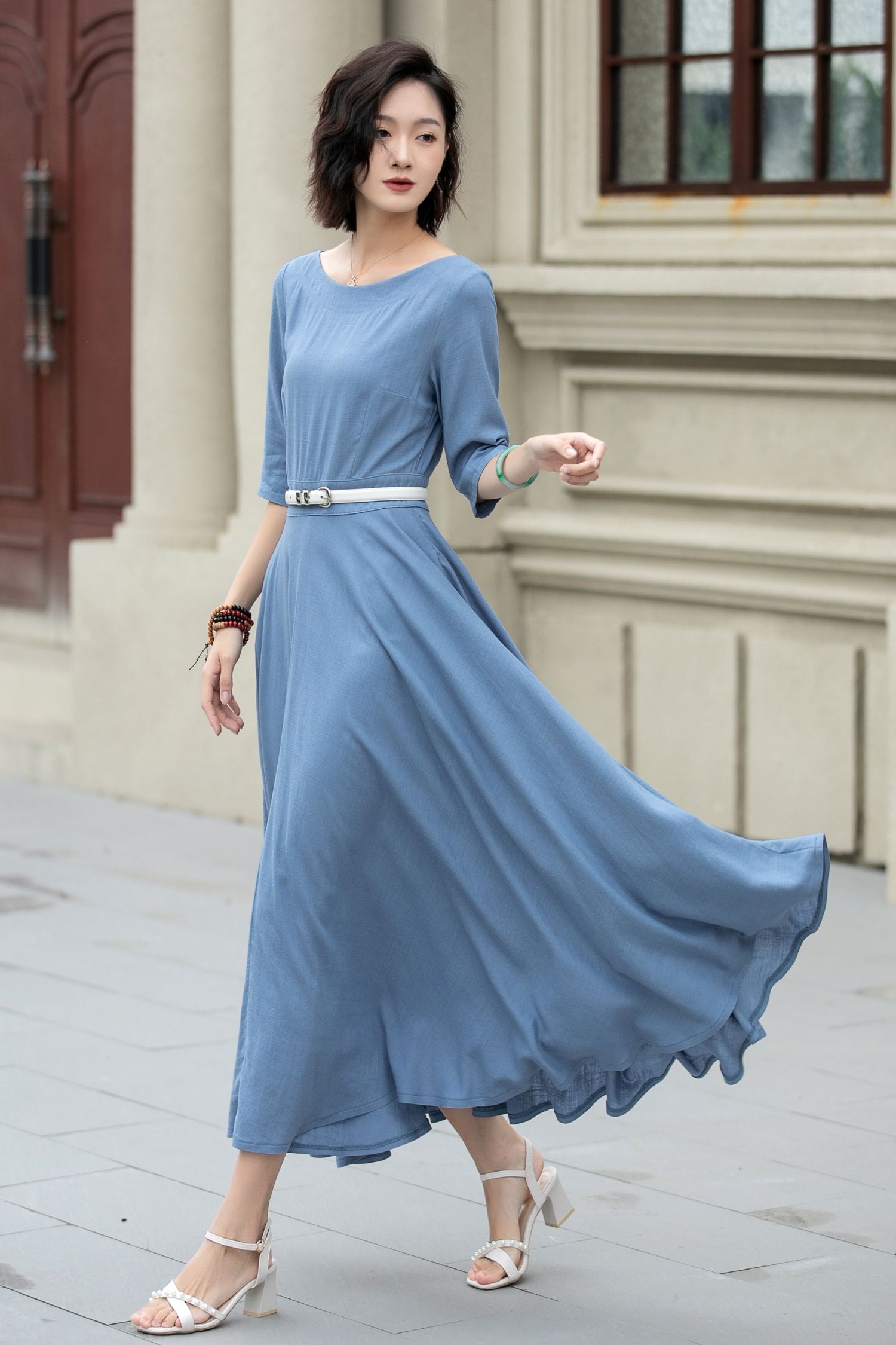 Light Blue Linen Midi Dress Handmade Fit & Flare for Garden Parties & Weddings | Xiaolizi Light Blue Linen Midi Dress Handmade Fit & Flare for Garden Parties & Weddings | Xiaolizi