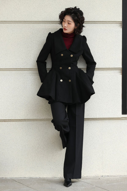 Xiaolizi Burgundy Wool Coat for Women – Handmade Double-Breasted Peplum Winter Coat 6616