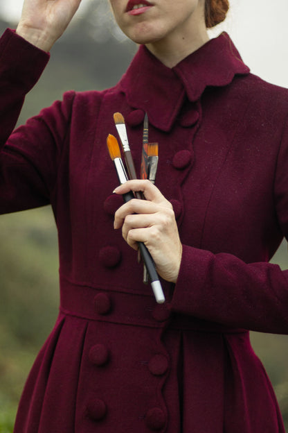 Handmade Burgundy Wool Coat – Vintage Scholar-Inspired Winter Overcoat 4813