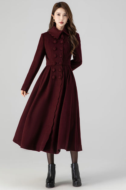 Handmade Burgundy Wool Coat – Vintage Princess Winter Maxi Overcoat 4517