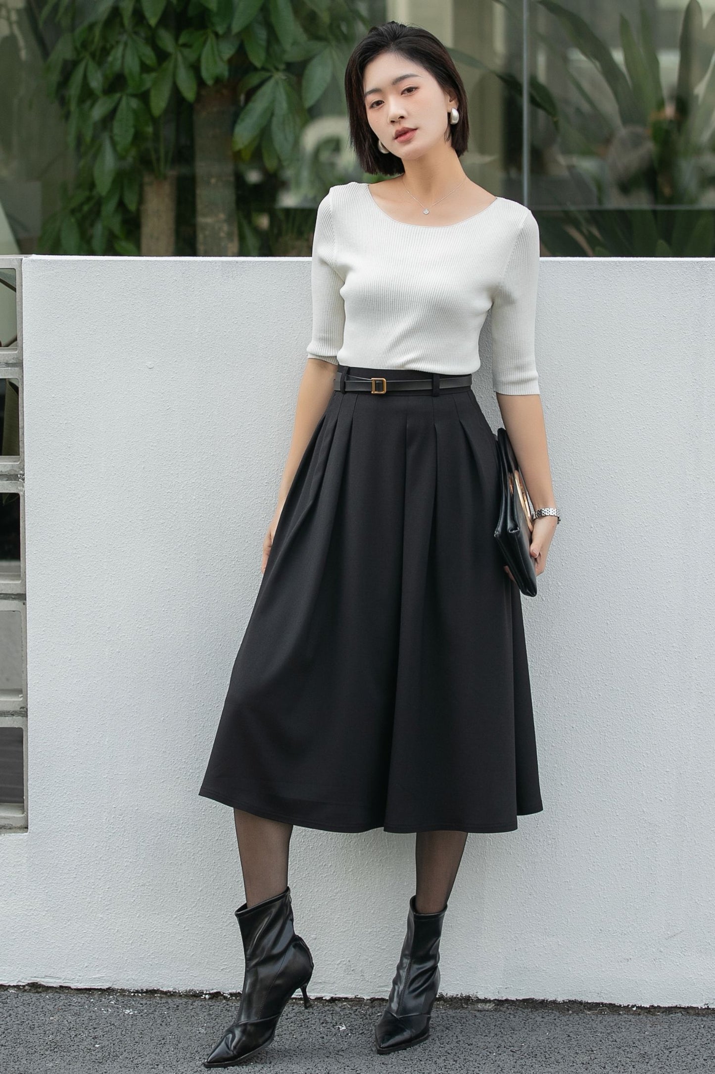 Handmade Black Pleated Midi Skirt – High Waist A-Line Office Skirt 6665 -size S #CK2600005