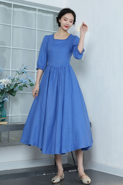 Spring women's Blue Linen Cottagecore Dress 3362