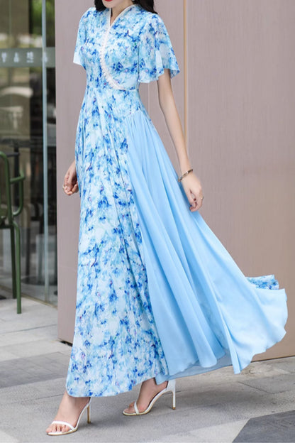 Blue Floral Chiffon Maxi Dress - V-Neck, Short Swing Sleeves 5016