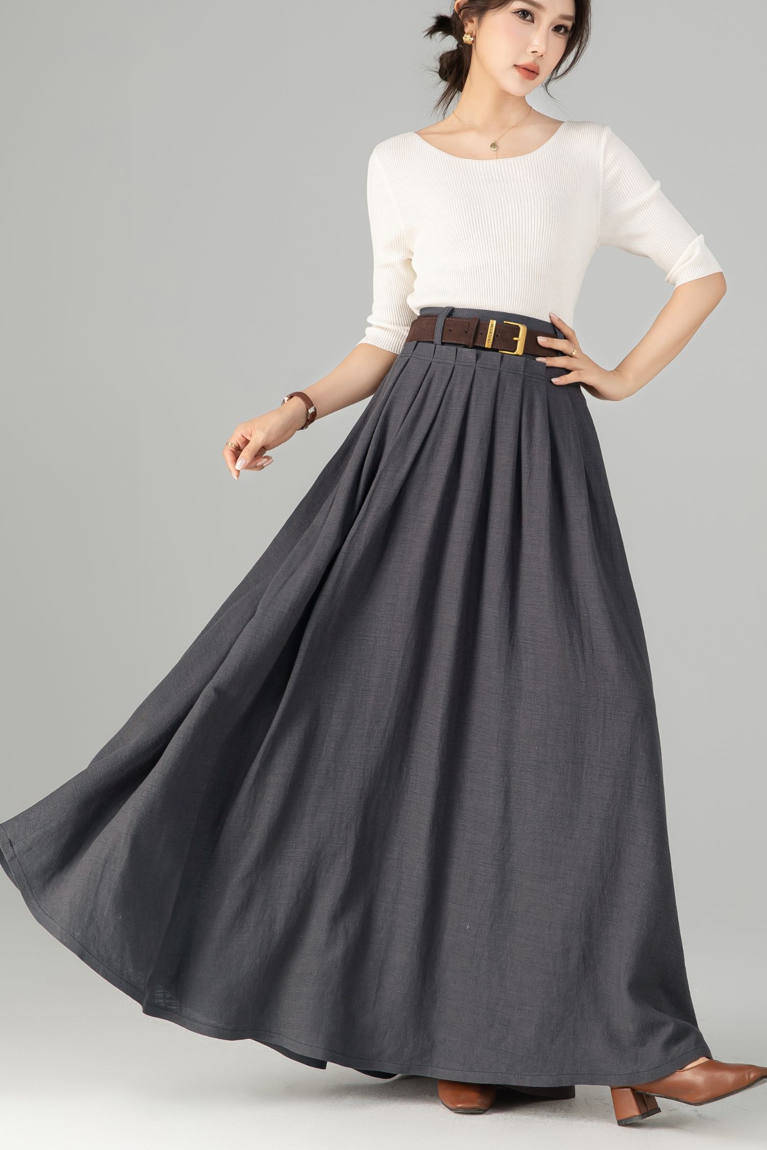 Dark gray maxi linen skirt women 5701 – Xiaolizi